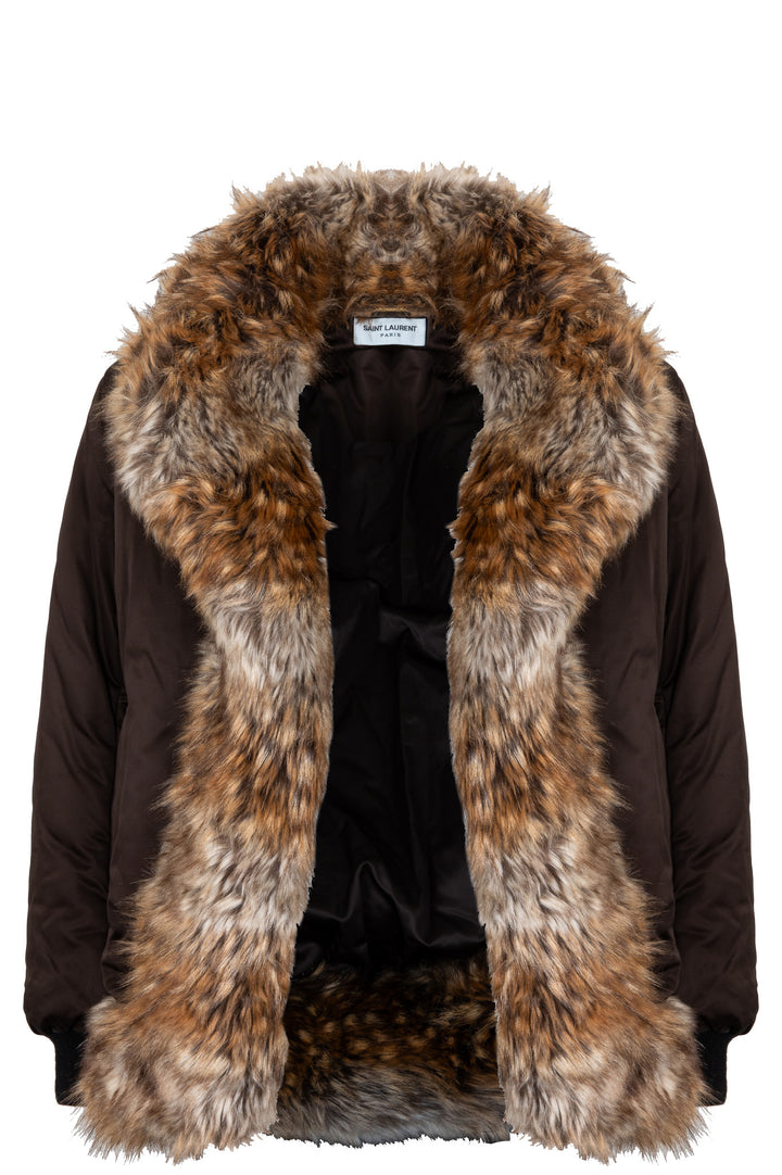 SAINT LAURENT 2022 Faux Fur Collar Bomber Jacket Brown