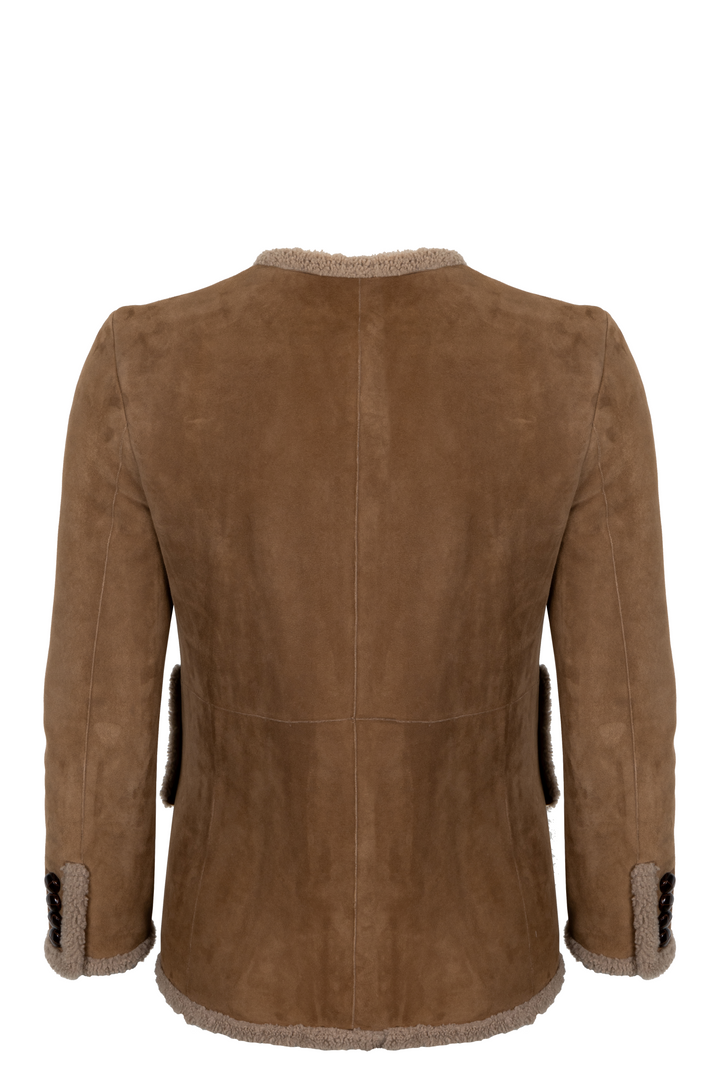 SAINT LAURENT 2021 Shearling Trimmed Suede Jacket Brown