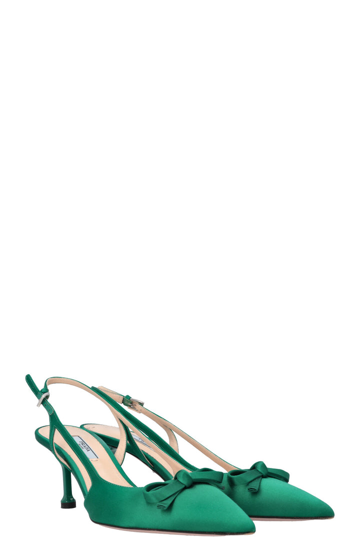 PRADA Sling Back Bow Heels Satin Green