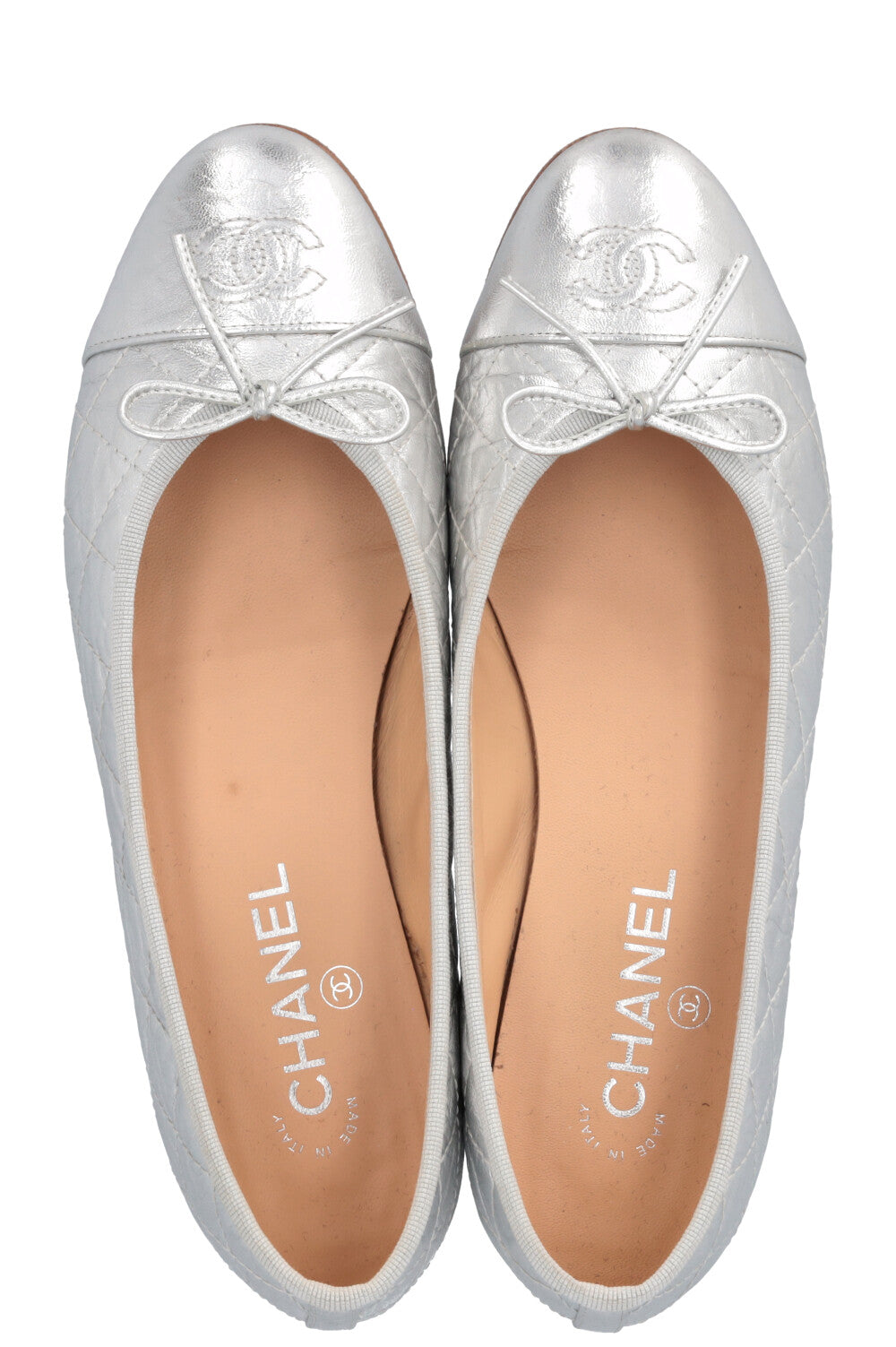 CHANEL Crinkled Leather Classic Ballet Flats Silver