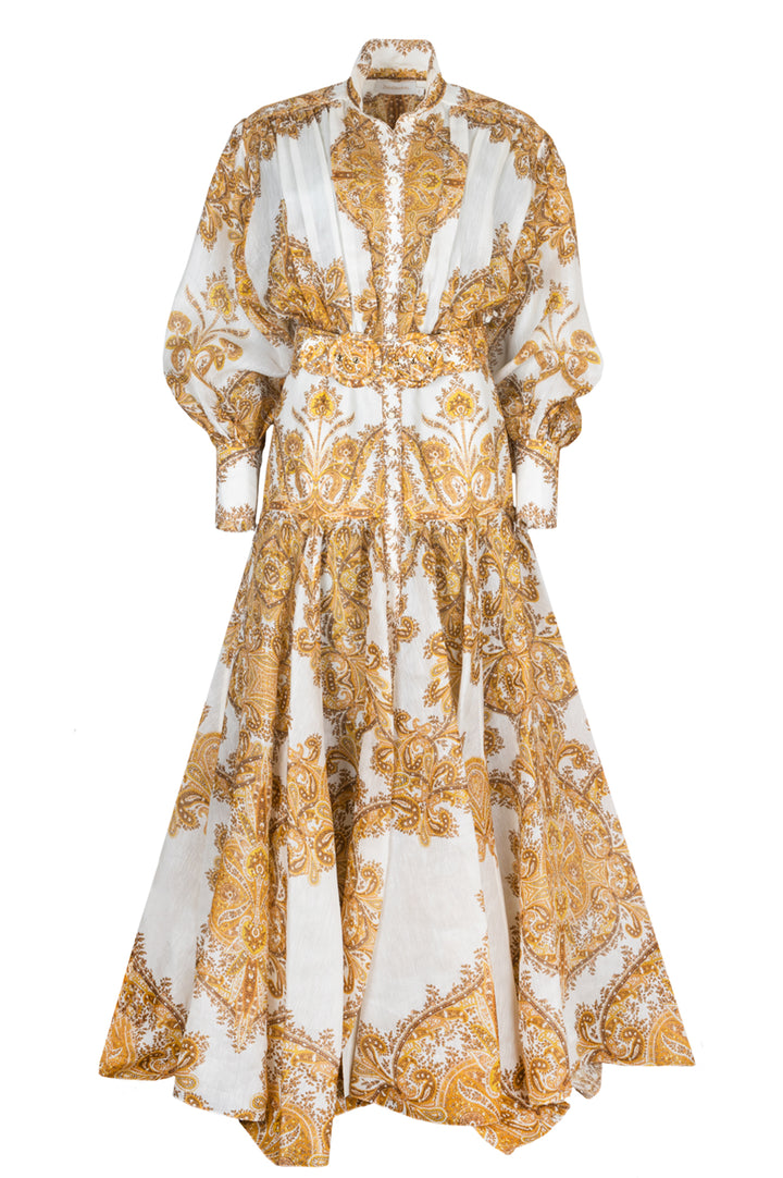 ZIMMERMANN Belted Dress Linen Silk White Gold