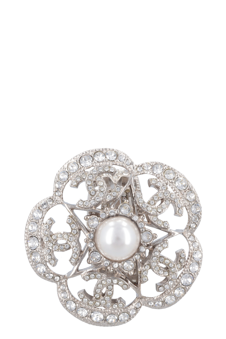 CHANEL Camellia Crystal Ring Silver