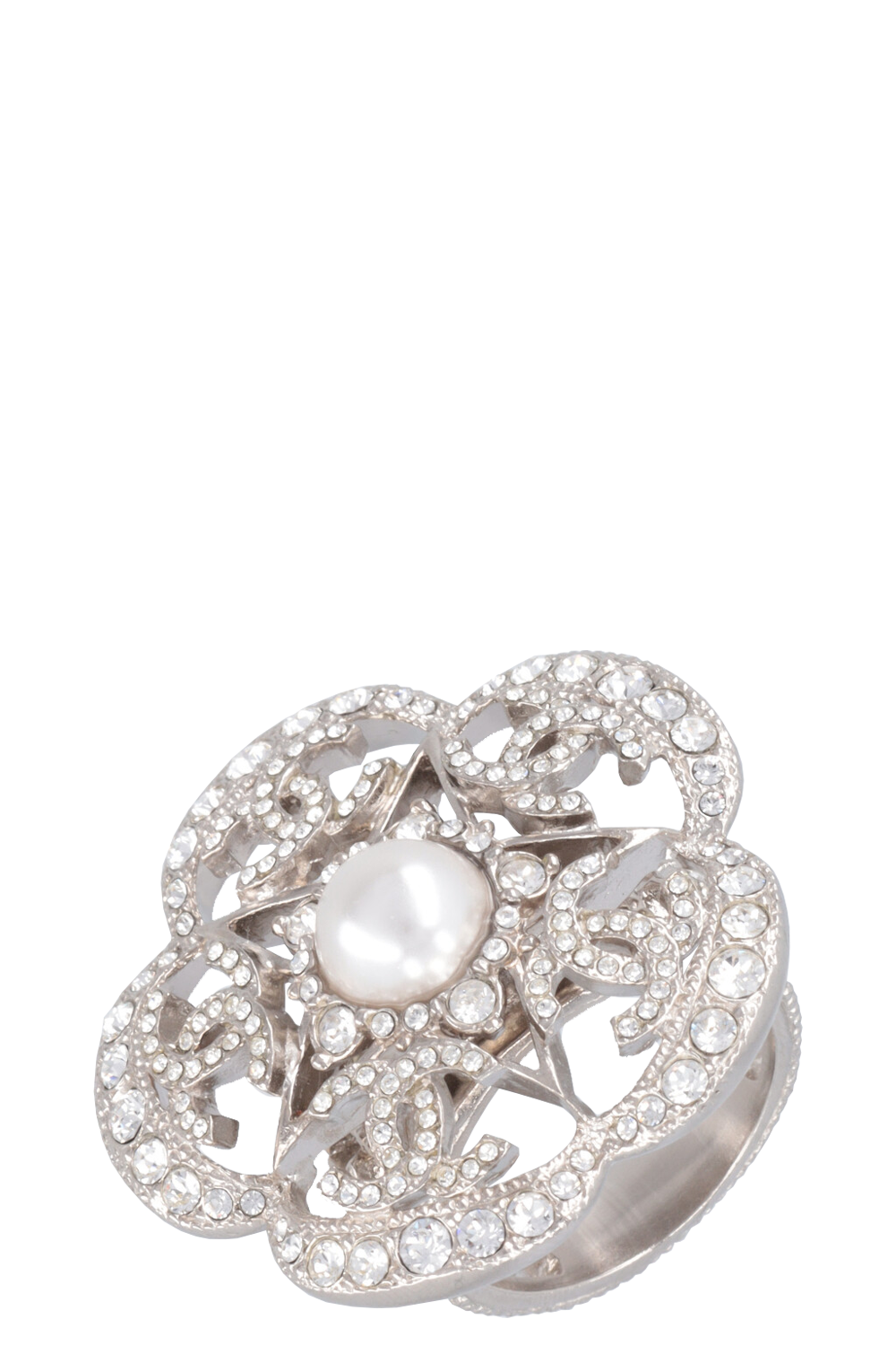 CHANEL Camellia Crystal Ring Silver